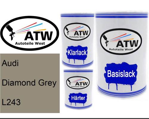 Audi, Diamond Grey, L243: 500ml Lackdose + 500ml Klarlack + 250ml Härter - Set, von ATW Autoteile West.